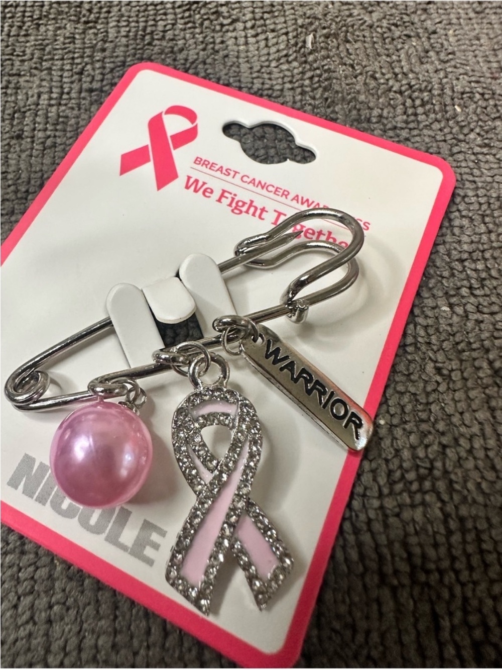 Pink Ribbon Warrior Safety Pin Brooch with Pink Pearl Charm